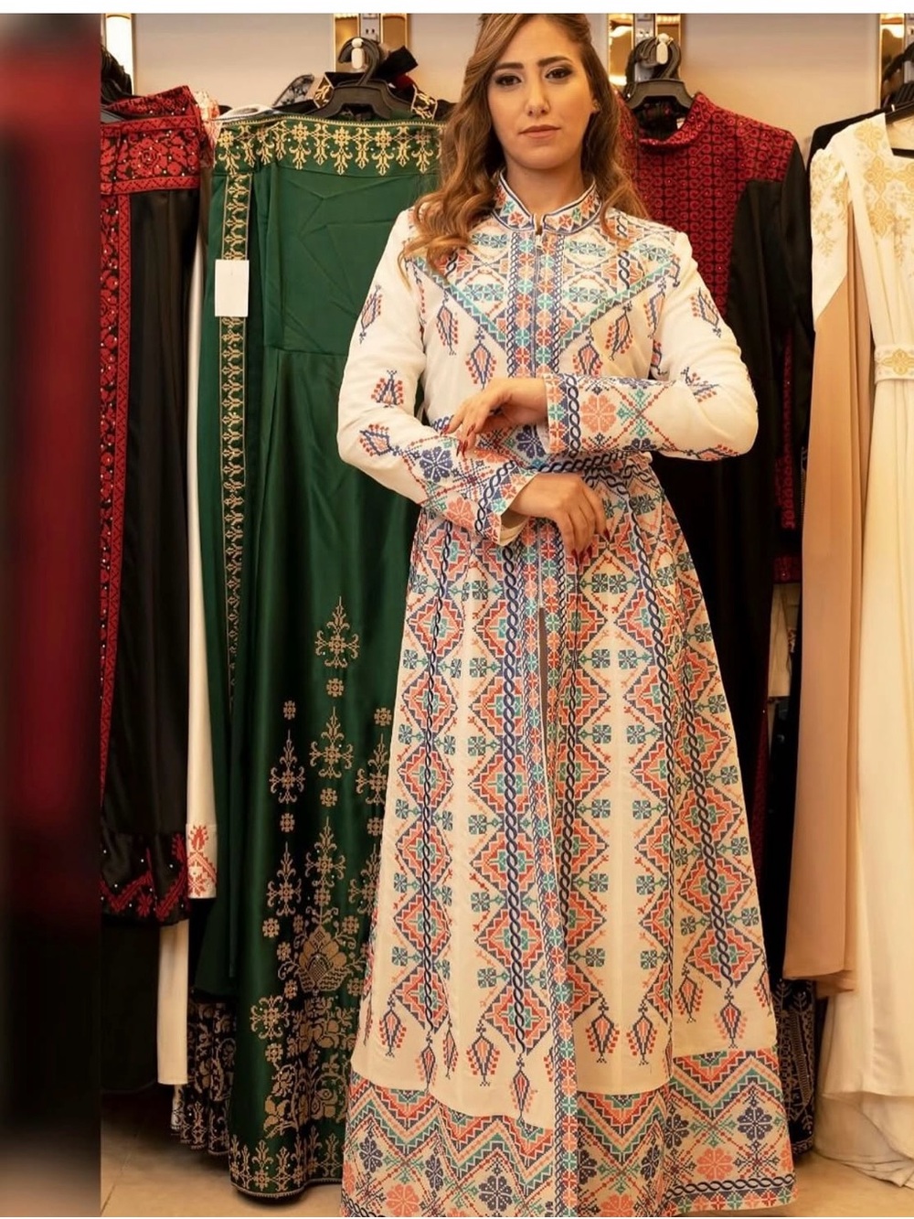 Embroidered Geometric Maxi Dress - White with Blue & Coral